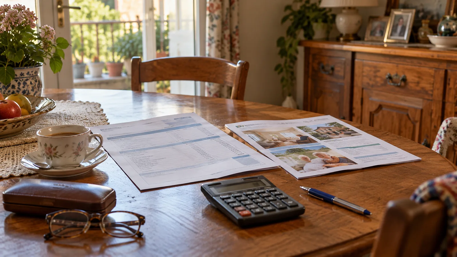 Table de salle à manger d'un appartement de retraité, avec une facture d'aide à domicile, une brochure d'établissement et une calculatrice posées côte à côte près d'une tasse, lumière douce de fin d'après-midi