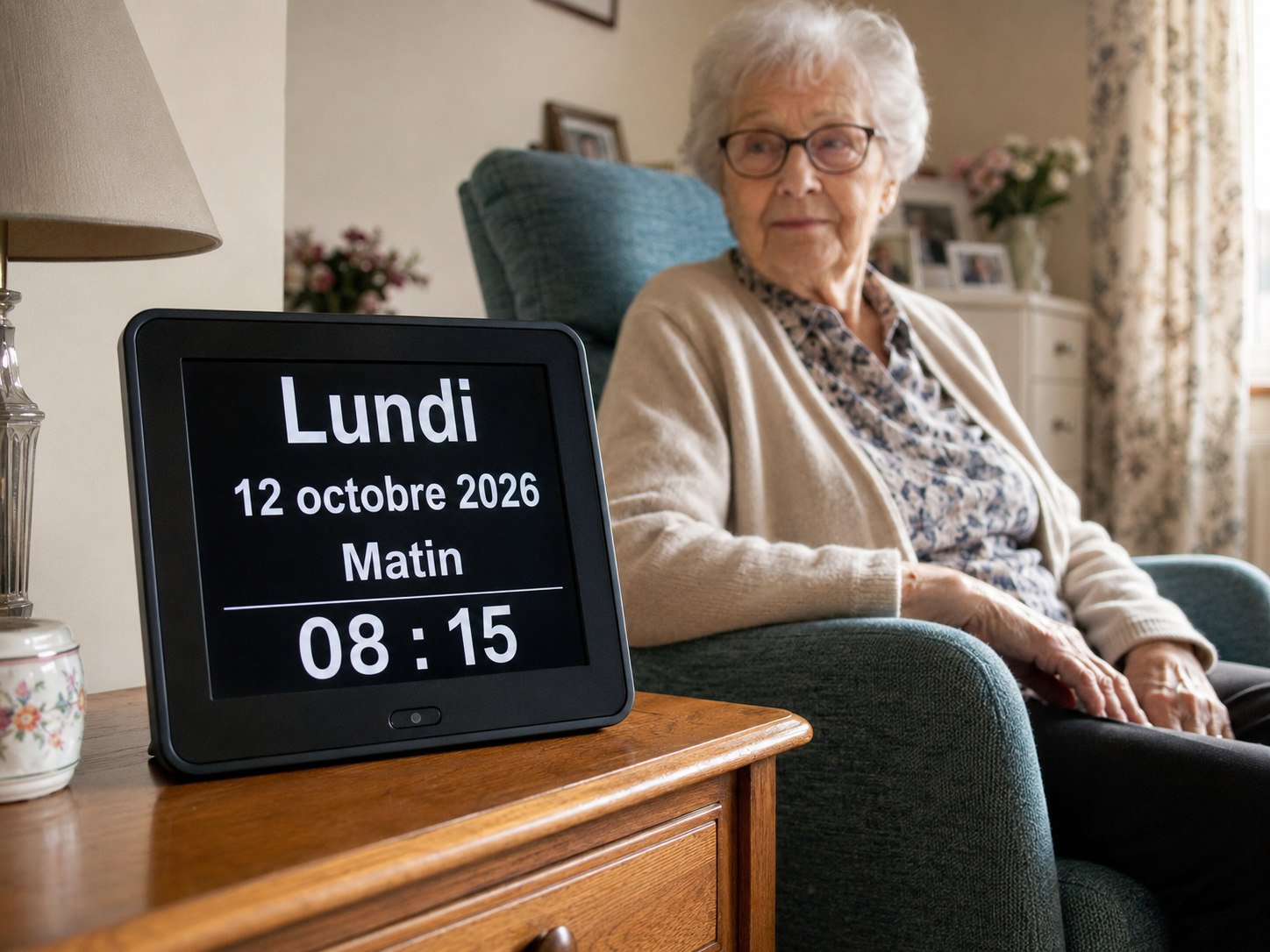 Horloge calendrier numérique à gros chiffres affichant le jour, la date et le moment de la journée, posée sur un buffet pour une personne âgée désorientée