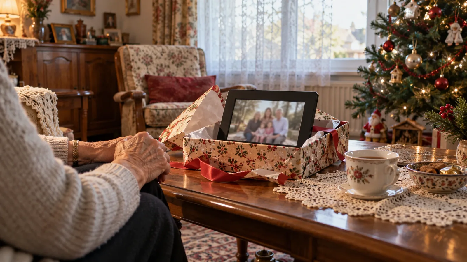 Paquet cadeau à moitié déballé sur la table basse d'un salon de retraitée, laissant voir un cadre photo numérique allumé, à côté d'une tasse de thé et d'un napperon, lumière douce d'après-midi d'hiver