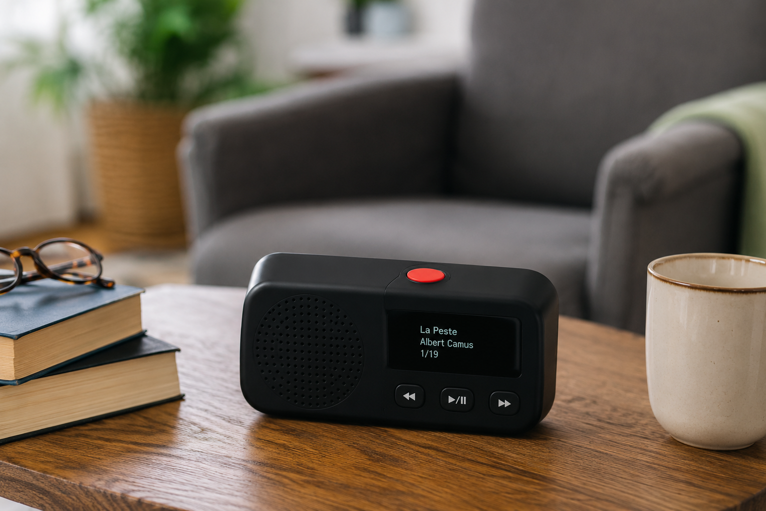 Senior malvoyant écoutant un livre audio sur un lecteur à grosses touches posé sur la table du salon, à côté d'un poste radio DAB+ simple