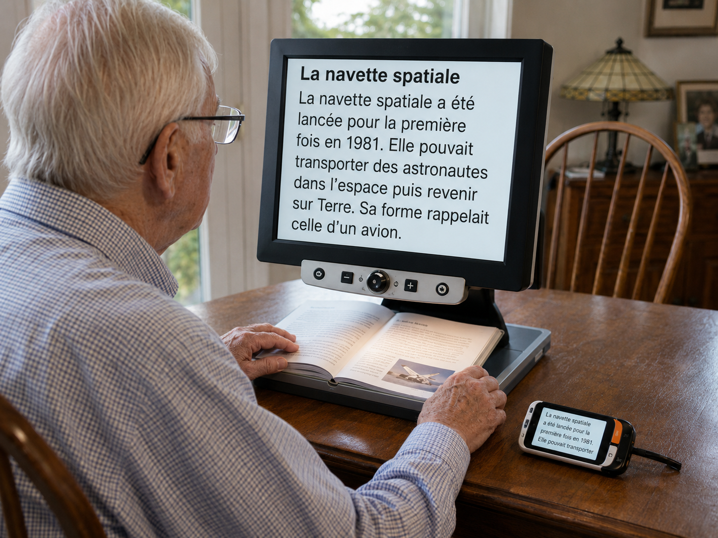 Loupe électronique senior à écran posée sur une table, agrandissant le texte d'une ordonnance pour une personne âgée atteinte de DMLA