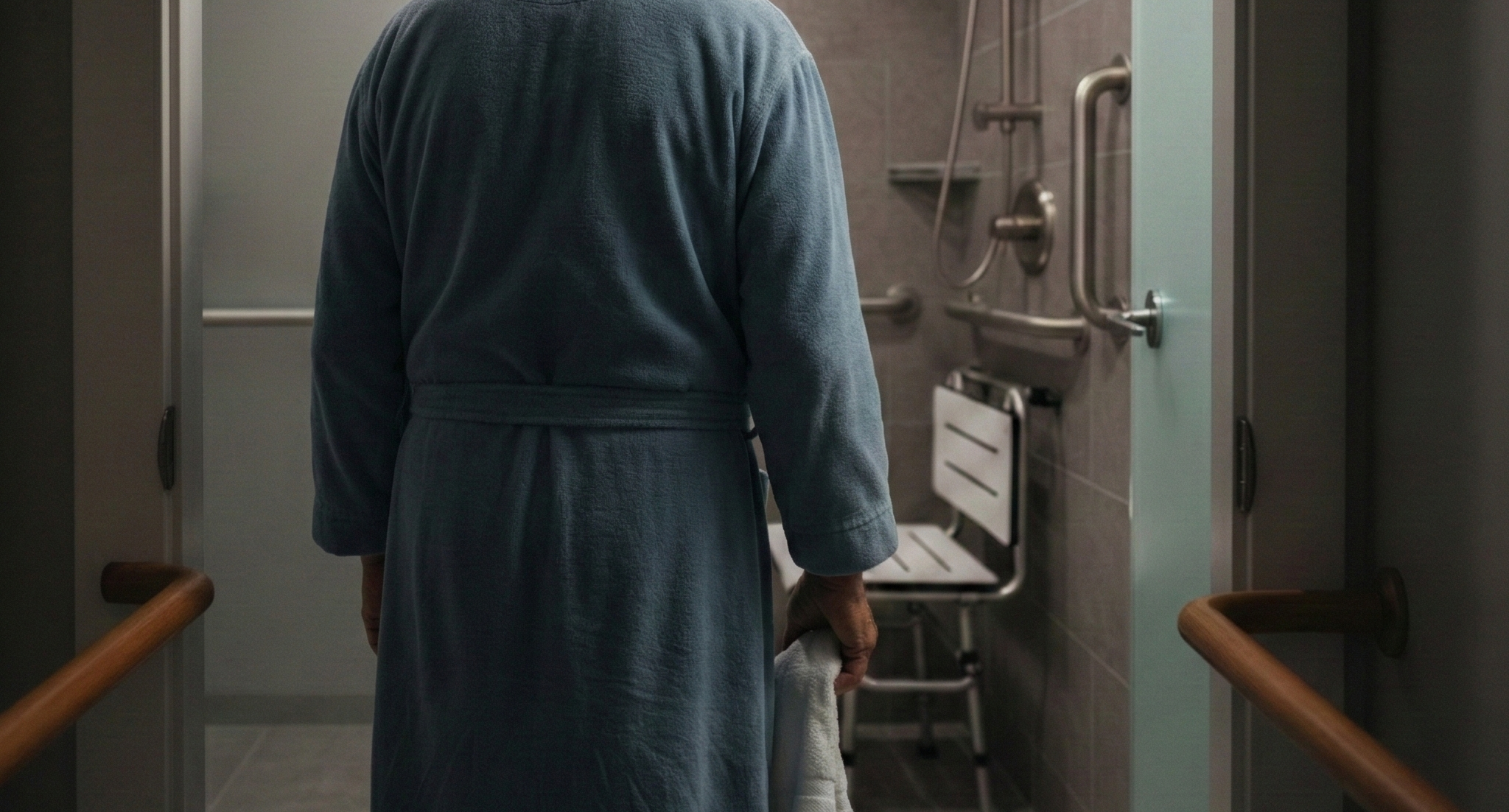 Personne âgée hésitante à l'entrée d'une salle de bain, symbolisant la peur de se doucher seule