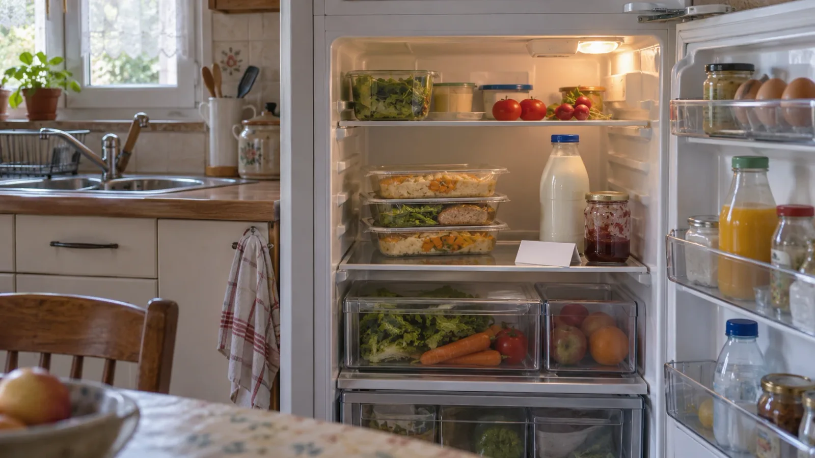 Trois barquettes de repas livrées, empilées sous leur couvercle transparent sur la clayette d'un réfrigérateur ordinaire de cuisine de retraité, à côté d'une bouteille de lait, d'un pot de confiture et d'un bon de livraison plié