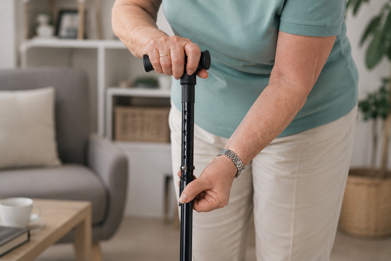 Senior réglant la hauteur de sa canne de marche réglable debout, le sommet de la poignée arrivant au pli du poignet, à côté d'une canne tripode et d'une canne-siège