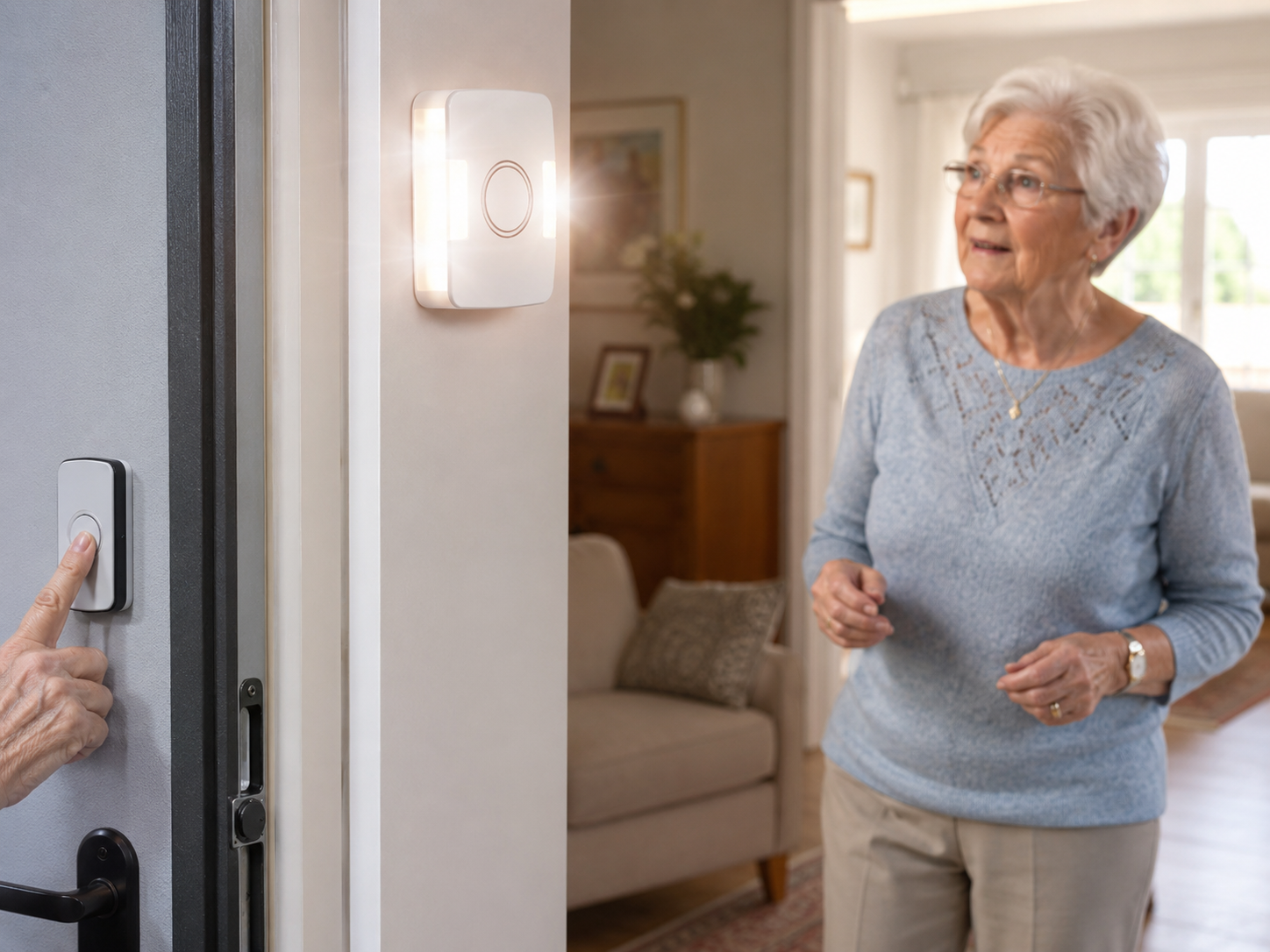 Sonnette sans fil avec flash lumineux pour personne malentendante, récepteur enfichable à LED clignotante posé dans le salon d'un senior